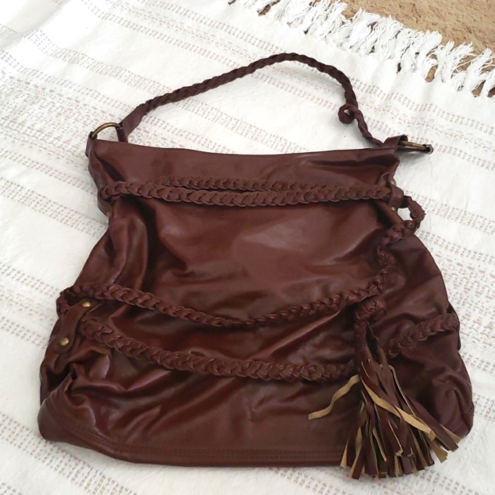 Boho purse, tassel, braided strap, brown bag, shoulder bag, hippie, hobo bag.